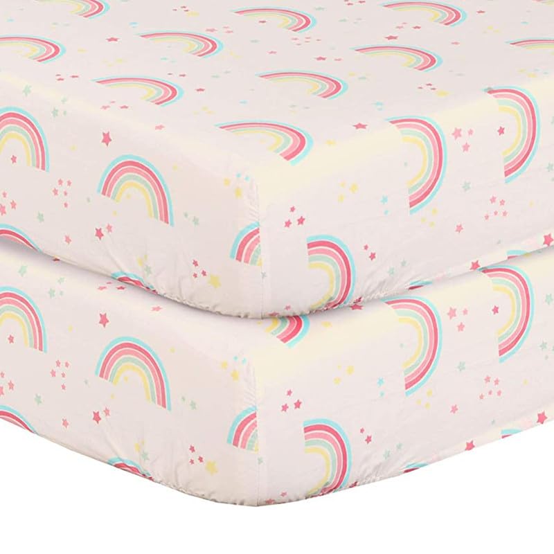 2 x Cot Bed Fitted Sheet 100% Cotton 200 Thread Count 12 Colours, Cot Bed 60 x 120 CM - Rainbow