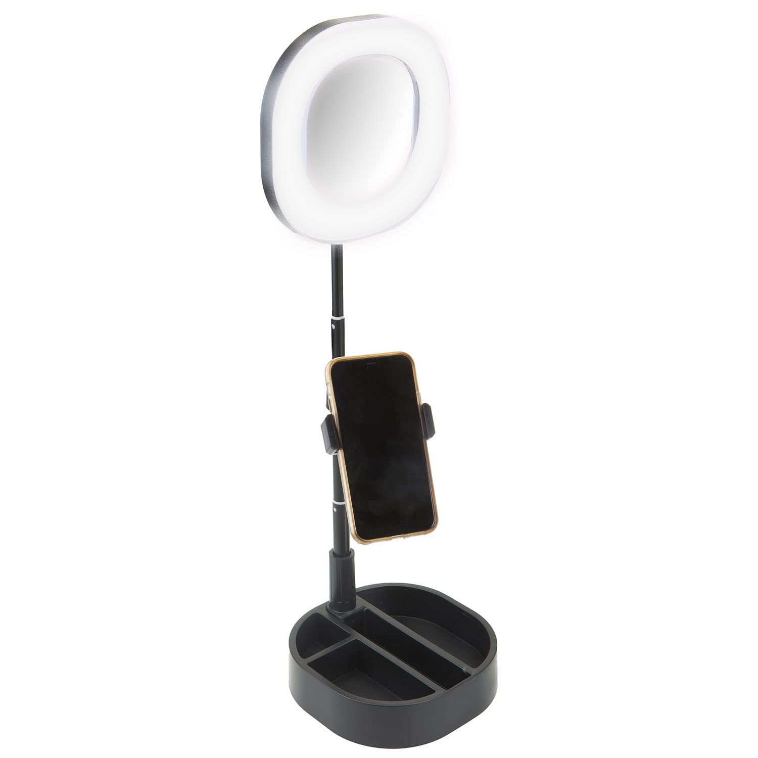 VFM e-Store - Ring Light for Phone Desktop Organizer - Ring Light Stand With Adjustable Height - Phone Stand and Multi-Compartment Weighted Base for Video Calls and Makeup