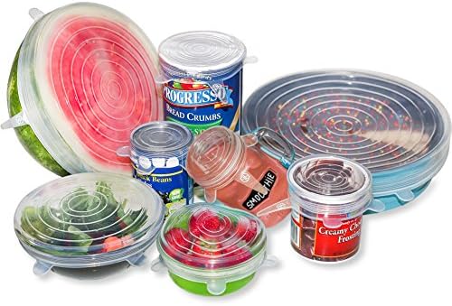Silicone Lids 14 Pack, Stretchable, Reusable, Durable Kitchen Gadget, Dishwasher and Freezer Safe, Preserve Food (Clear/White, 8 Sizes Big 14 Pack/Circular)