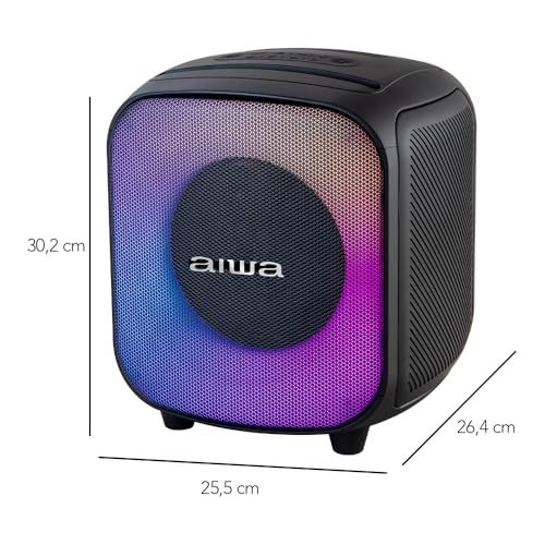 Aiwa Bocina Portátil AW-B81 en Color Negro con 40W RMS, Bluetooth 5.3, función TWS, Luces LED, Radio FM, batería Recargable de 4000 mAh, Puerto USB-C y Sonido Potente con Refuerzo de Graves