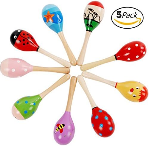 Mini (5 Inch) Wooden Fiesta Maracas Wood Rattles Egg Shaker Kids Musical Party Favor Kid Baby Shaker Sand Hammer Toy (Pack of 5)