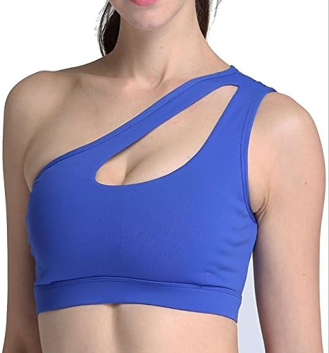 Women's cute one shoulder sports bra Sexy Hollow Out Yoga Running bra (L, Blue)
