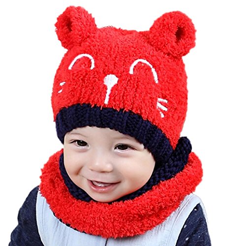 Baby Kids Hats,FUNIC Baby Toddler Kids Boy Girl Knitted Hats Children's Lovely Soft Hat+Scarf 2Pcs/Set (Red)