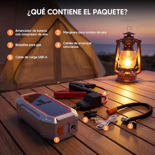 5000A Arrancador de Coche con Compresor de Aire 160 PSI, Inflador de Neumáticos, Banco de Energía para Vehículos de 12V Gasolina 9L Diésel 8L, Incluye Pantalla LCD, Luz LED y Cables de Puente, plata
