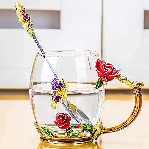 Glass Tea Cups With Spoon Set of 2, Glass Coffee Unique Handmade Mugs Gift For Women