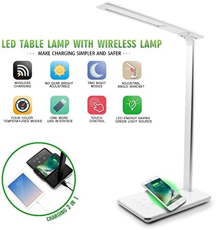 LED Desk Lamp QI Wireless Charger, Folding Dimming Eye protection Reading Lamps, With USB Charging Output ,Touch Control Panel, 1 Or 2Hour Auto Timer, 4 Color Temperature Modes(White)