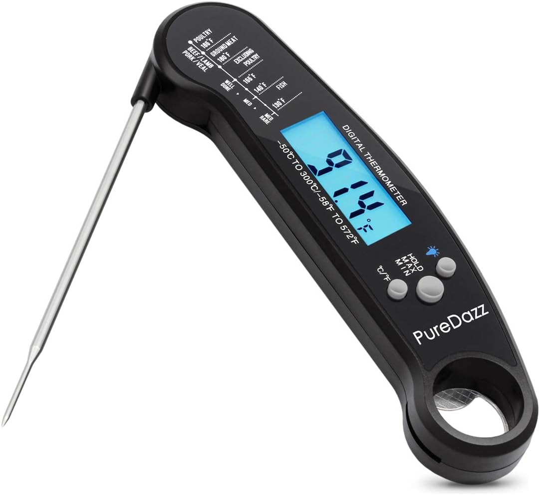 Puredazz wendu Digital Meat, Waterproof Instant Read Cooking Food Thermometer with Long Probe Backlight for Grilling BBQ Smoker Liquid Baking Candy (Sesame Black)