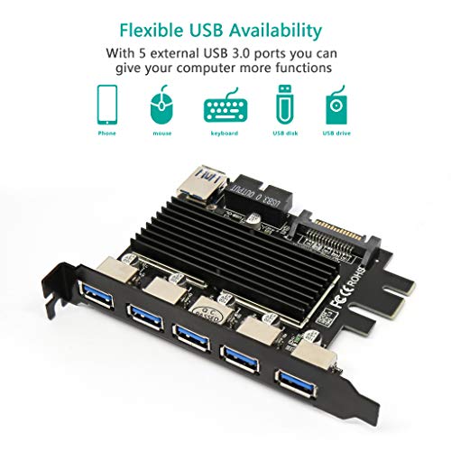 USB 3.0 PCIe Expansion Card, 5 Port USB 3.0 (5Gps) PCI Express Expansion Card Adapter with 15-Pin SATA Power Connector and 19-Pin USB 3.0 Cable for PC No Driver Needed, Plug & Play