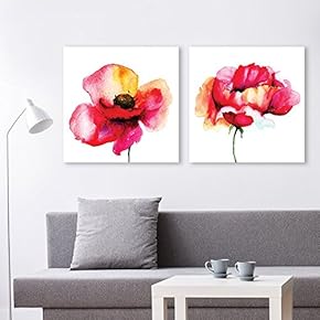 2 Panel Square Canvas Wall Art - Watercolor Style Red Flowers on White Background - Giclee Print Gallery Wrap Modern Home Art Ready to Hang - 12"x12" x 2 Panels