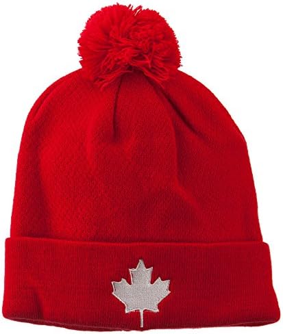 Canada Maple Leaf Embroidered Pom Beanie - Red