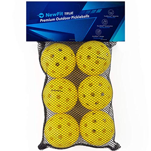 NewFit True Pickleball Balls | Premium Outdoor Pickleballs l Durable and Quiet Yellow Colored Outside Pickleballs | Pickleball Ball Bag Included (Yellow 6-Pack)