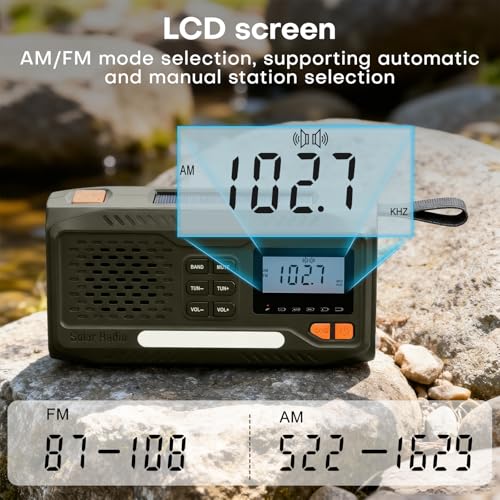 Survival Radio, Battery Operated Portable Solar Radio with 4500mAh Rechargeable Battery, AM/FM Crank, Screen, Emergency Kit with Lamp, SOS Alarm and Smart Phone Emergency Charging