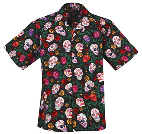 Sugar Skulls Calaveras Day of the Dead Hawaiian Camp Shirt by David Carey (L)