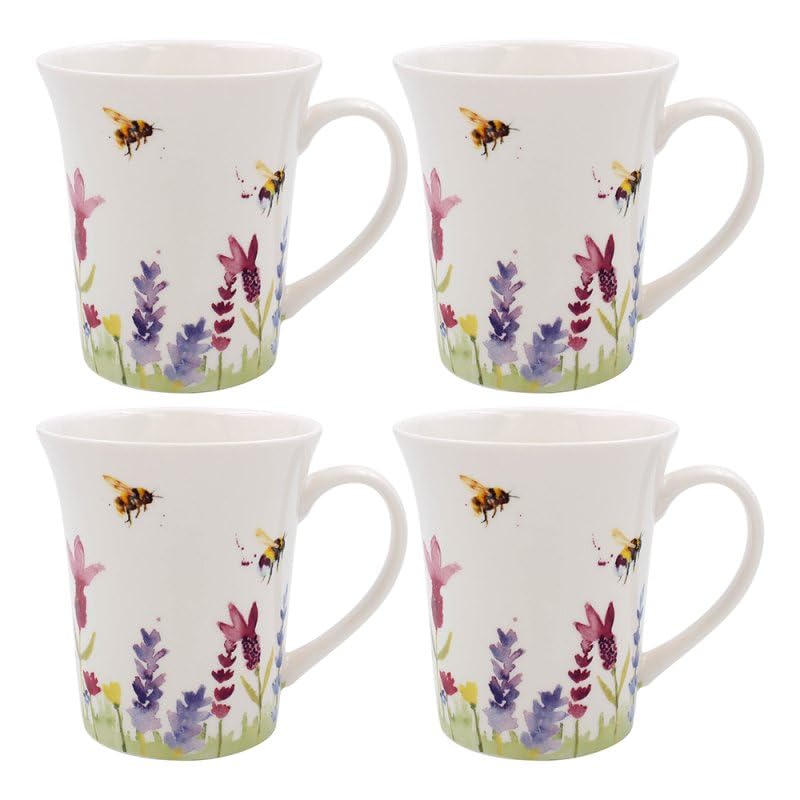 Lesser & Pavey Set of 4 British Designed Coffee Mug | Ceramic Coffee Mugs for Home or Work | Large Mugs for Hot Drinks | Lavender & Bees Tea and Coffee Cups - Jennifer Rose Gallery
