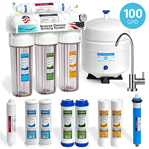 Express Water 5 Stage Under Sink Reverse Osmosis Filtration System 100 GPD RO Membrane Modern Faucet Clear Housings Pressure Gauge - Ultra Safe Residential Water Purification - Extra Set of 4 Filters