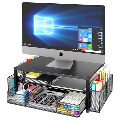 DAYONG Computer Monitor Stand Riser, Desk Organizers and Accessories with Storage Drawers, Metal Monitor Stand with 2 Pen Holders, Desktop Organiser for Home Office Supplies (Black)