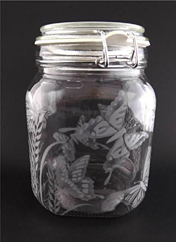 Hand Etched Glass Jar Airtight Anchor Hocking Heremes Canister Sandblasted (Sand Carved) Handmade Engraved Locking Wire Clamp Lid (38 Ounce, Butterfly Grass)