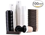 Luckypack Disposable Coffee Cups To Go with Travel Lids Sleeves and Straws 100% Biodegradable & Compostable Pla Eco Friendly Paper Coffee Cups 100 Sets of 12 oz
