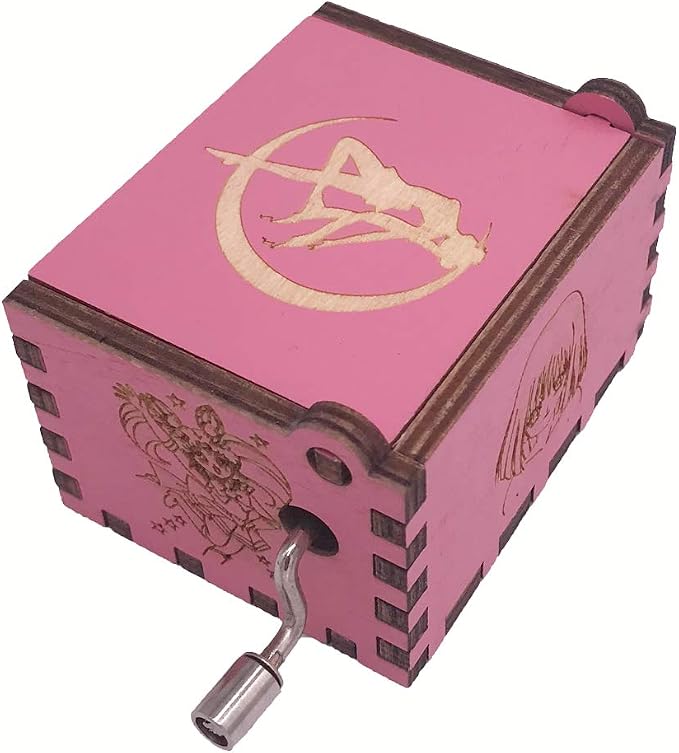 18 Notes Wooden Engraved Anime Sailor Moon Theme Music Box,Antique Carved Hand Crank Small Musical Box Gift,Pink