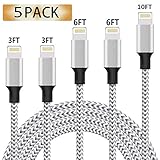 iPhone Charger,MFi Certified Lightning Cable,5 Pack(3/3/6/6/10 FT )Extra Long Nylon Braided USB Charging&Syncing Cord Compatible with iPhone Xs/XR/XS Max/X/7/7Plus/8/8Plus/6S/6S Plus/5se/5s/5 and More