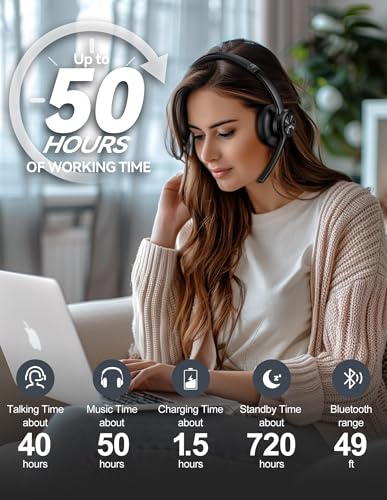 TECKNET Bluetooth Headset Wireless Headset with Microphone Noise Canceling, 50H Playtime & Mute, Wireless Headphones with Mic Bluetooth 5.2 On-Ear Headphones for Trucker Cellphone Office Call Center