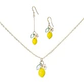MALOYANVE Yellow Lemon Earrings and Necklace Set for Women Flower Leaf Teardrop Tassel Post Gold Plated White Shell Froal Fruit Dangling Necklace Lightweight Hypoallergenic Acrylic Summer Earring Holliday Beach Vacation Jewelry Gifts