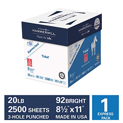 Hammermill Tidal 20lb Copy Paper, 8.5 x 11, 3 Hole Punch, Express Pack, 2,500 Sheets, No Ream Wrap, Made in USA, Sustainably Sourced From American Family Tree Farms, 92 Bright, Acid Free, 163130