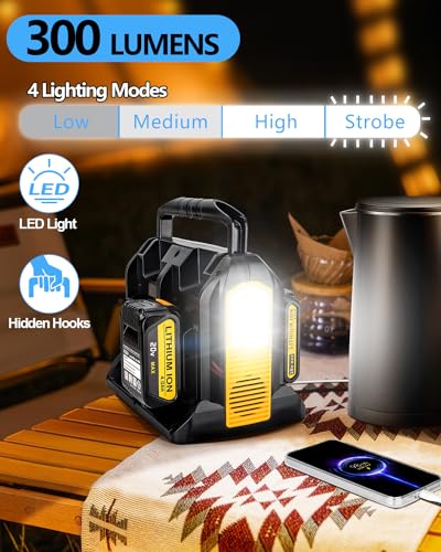 350W Power Inverter for Dewalt 20v 60v Battery, 4-Ports DC 20V to AC 110-120V Pure Sine Wave Battery Inverter with 3 USB-A Port, 1 USB-C Port,300lm LED Light for Camping Travel Emergency(Tool Only)