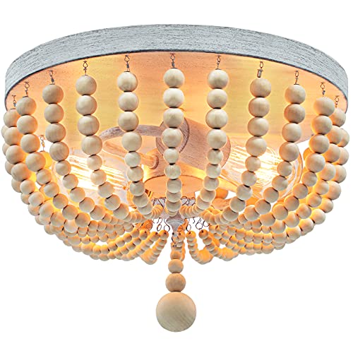 Boho Wood Bead Chandelier, Retro Ceiling Lamp, Farmhouse 2-Light Pendant Light Fixture, Semi Flush Mount Ceiling Light for Living Room Entryway Hallway Kitchen Dining Room Baby’s Nursery, Oak& White