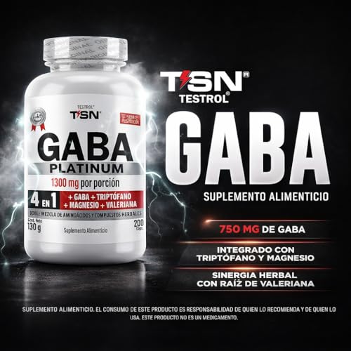 Gaba Platinum | Fórmula 4 En 1 | Gaba 750mg, Triptofano, Magnesio, Valeriana y Vit B1 | Apoyo a tu Rutina de Descanso | Testrol TSN 200 Cápsulas.