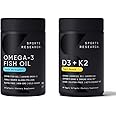 Sports Research Triple Strength Omega 3 Fish Oil 1250mg EPA & DHA from Wild Alaska Pollock Burpless Supplement Sustainably Sourced and Vitamin D3 K2 with Coconut Oil Plant Based Vegan Certified