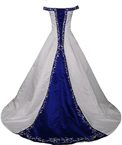 KivarySilver Embroidery Beaded A Line Off Shoulder White Wedding Dresses