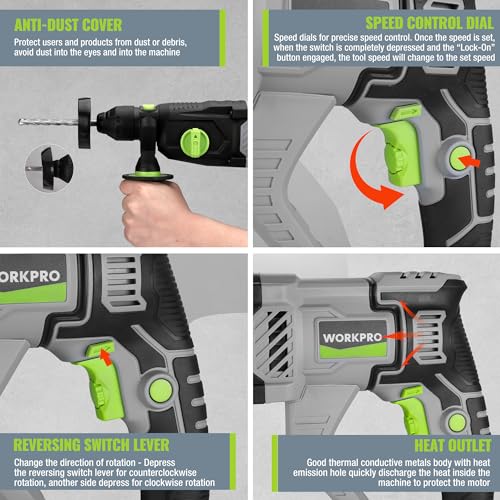 WORKPRO SDS Plus 1050W Hammer Drill with 4 Functions, Variable Speed and 360° Rotating Handle, Includes Drill Bits for Concrete, Wood and Metal