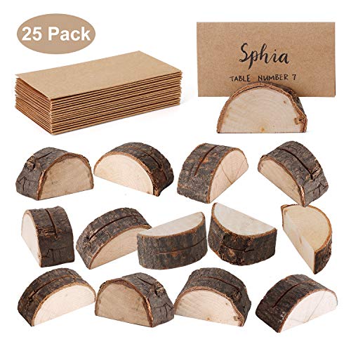 Wanapure 25 Pack Rustic Wood Table Number Holder with 25Pcs Kraft Paper, Photo Picture Table Place Card Holders, Tabletop Cardholder Menu Reserved Card Stand for Wedding, Party, Restaurants, Banquets
