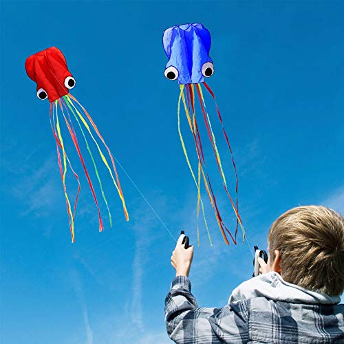 Set Of 4 Large 157.5" High Cartoon Big Round Eyes Octopus Kites With Colorful Ribbon and Kite Board With 98.4 Foot String For Kids Toy Enjoy Parent-child Time Beach Park Outdoor - Thumbnail 6