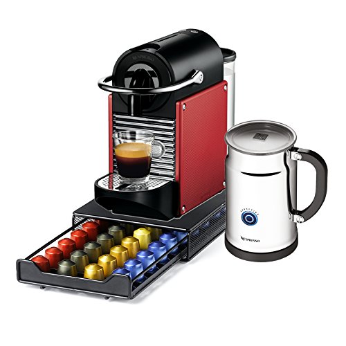 Nespresso Pixie D60 Carmine Red Espresso Machine With Aeroccino Plus Milk Frother and Bonus 40 Capsule Storage Drawer