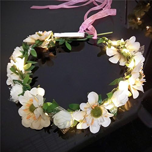 Angcai LED Flower Wreath Headband Crown Floral Garland Boho For Festival Wedding, Wreath Headdress with LED Decor (White)