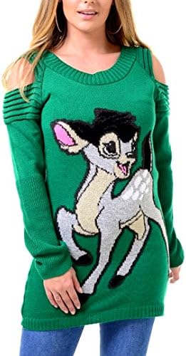 COLD SHOULDER BAMBI DEER KNITTED TUNIC/ MINI DRESS. (One size fits 8-12, GREEN)