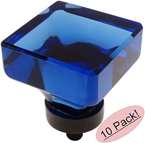 10 Pack - Cosmas 6377ORB-BL Oil Rubbed Bronze Cabinet Hardware Square Knob with Blue Glass - 1-3/8" Square