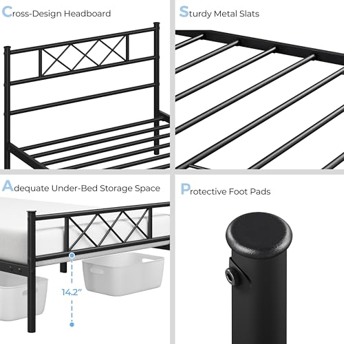 Yaheetech Twin Metal Platform Bed Frame Mattress Foundation with Headboard and Footboard No Box Spring Needed Under Bed Storage Steel Slats Black