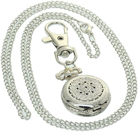 FobTime Hollow Carved Flower Pattern Watch Luxury Fashion Woman's Quartz Watch with 1 PC necklace chain of perimeter 80cm/31.5 inch (length 40cm/15.75 inch) and extra 1 PC Key Clip