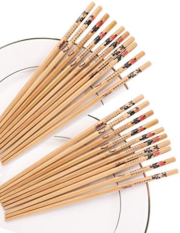 HEIRLOOM QUALITY Set of 10 Pairs Designer Natural Round Bamboo Reusable Chopsticks, Size 9.5 Inch (Color and Design May Vary)