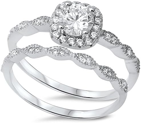 Sterling Silver .925 Women's Cubic Zirconia CZ Halo Round Vintage Engagement Ring Wedding Bridal Set Size 4-10 (4)