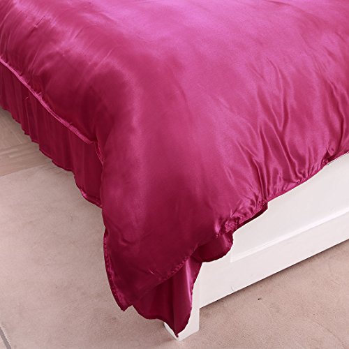 uxcell 4pcs Wine Red Satin Silk Like Solid Color Bedding Set Duvet Cover Silk Pillow Shams Silk