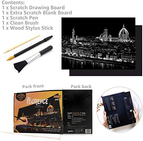 Scratch & Sketch Art Paper for Adults & Kids, Scratch Paper Rainbow Painting Sketch Pads DIY Art Craft Night View Scratchboard with Clean Brush,Scratch Coloring Pen,16 X 11.2 Inches (Florence)