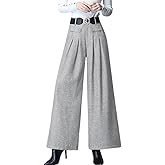 chouyatou Women's Casual Wide Leg Wool Blend Pants Baggy Culotte High Waisted Pleated Loose Long Trousers