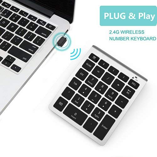 Wireless Number Pad, Lekvey Numeric Keypad : 28 Keys Multi-Function Numpad Keyboard with 2.4G Mini USB Receiver for Laptop Desktop PC Computer Notebook, Surface pro, Windows etc - Silver - Thumbnail 3