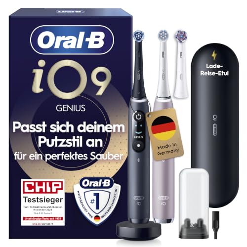 Oral-B iO Series 9 Elektrische Zahnbuerste, Doppelpack — Electric Toothbrush, Inkl. 3 Aufsteckbuersten — 7 Modi fuer Zahnpflege, CHIP Testsieger (11/25), Designed by Braun, Schwarz und Rosa