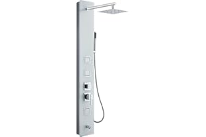 MENATT White Tempered Glass Shower Panel Tower System, 304 Stainless Steel Shower Panel with 8-inch Rainfall Shower Head, Wall Mounted Shower Column with 14.5 inch Shower Arm