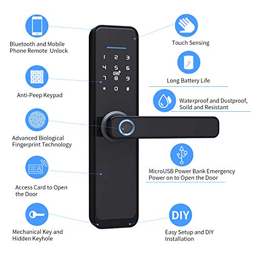 Smart Lock, ELLI-Riz Fingerprint Door Lock with Reversible Handle, Keyless Entry Bluetooth Lock, Free APP, IC Card, Anti… - Image 3